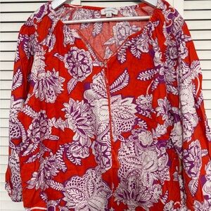 Calligraphy Red and Purple Linen Floral Blouse